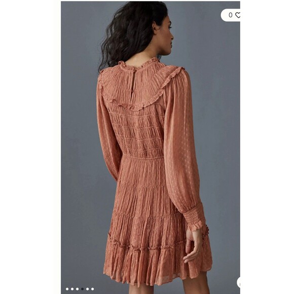 ANTHROPOLOGIE Dalia Smocked Mini Dress Size XS Rust Rose Pink Ruffle Tiered - Picture 5 of 13
